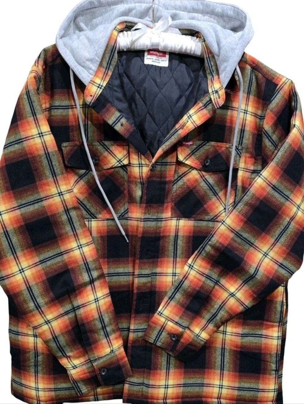 Wrangler Authentics Men’s Flannel Jacket Hoodie Quilt Lined Blk/Yellow Plaid  L